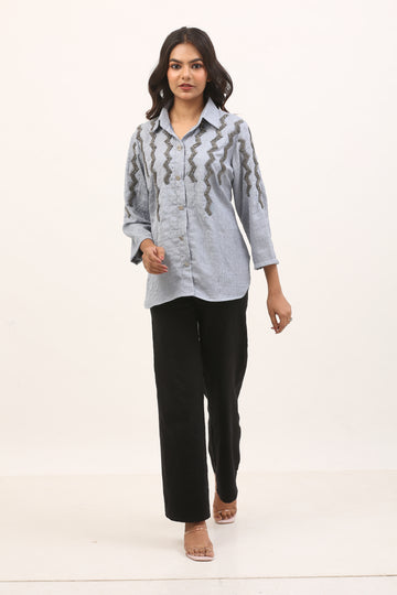 light blue textured shirt