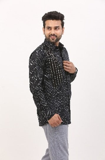 Black Shirt with Diagonal Pattern and Metal Detailing