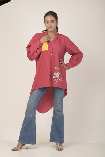 Magenta high-low shirt with floral embroidery