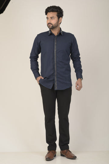 Navy blue shirt with metallic embroidered detailing