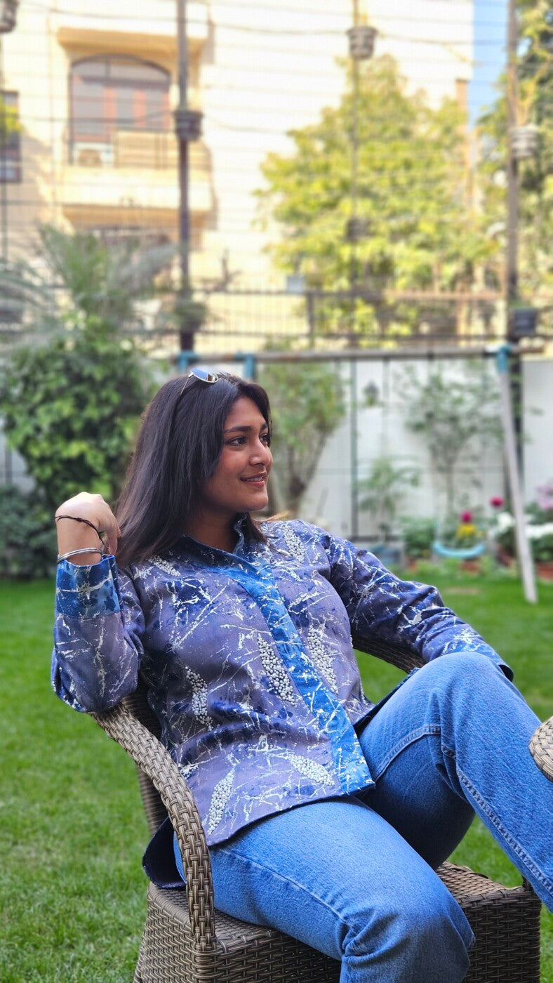 Blue Abstract Printed with Pearl Shirt