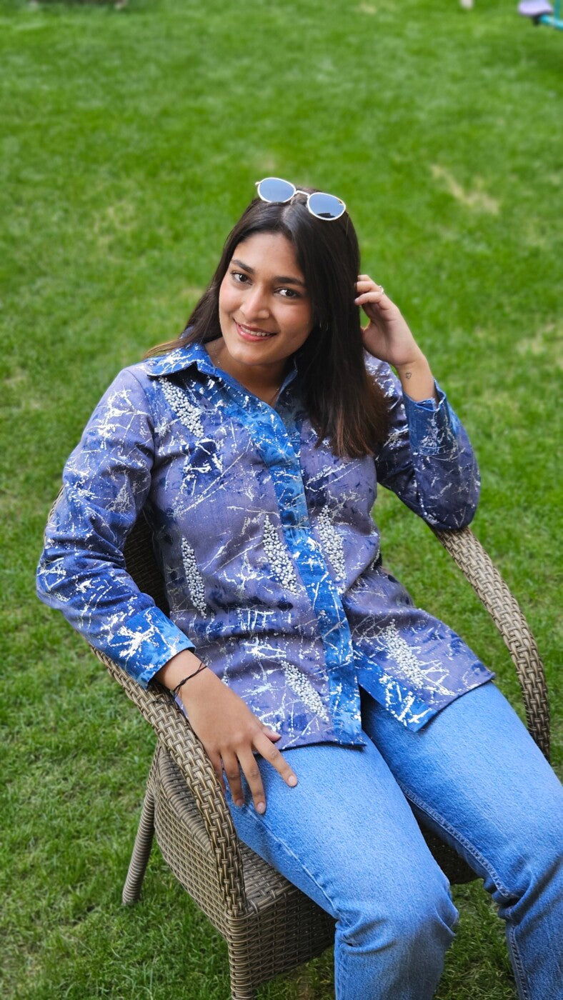 Blue Abstract Printed with Pearl Shirt