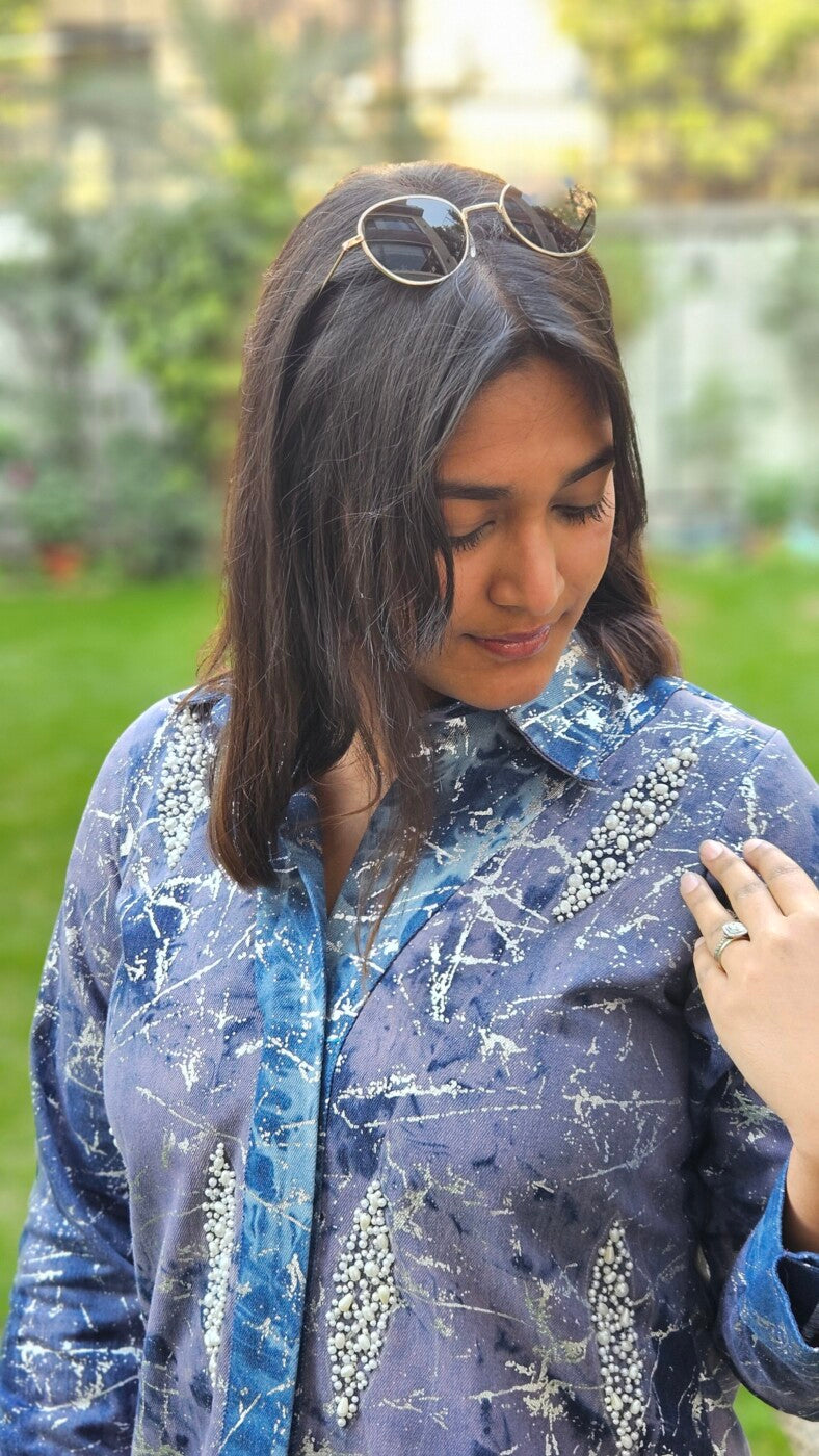 Blue Abstract Printed with Pearl Shirt