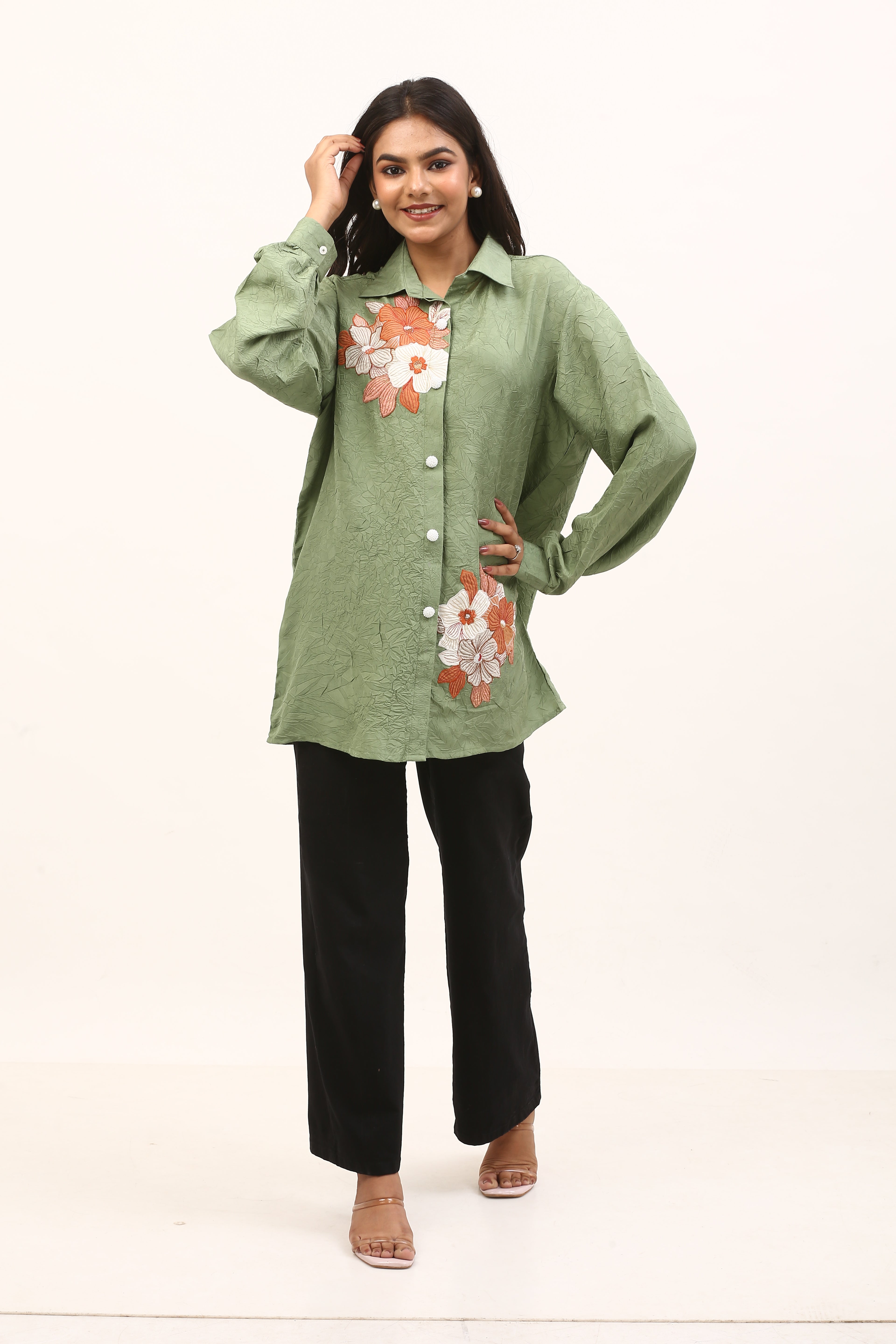 sage green tone with a unique crinkled fabric texture Shirt