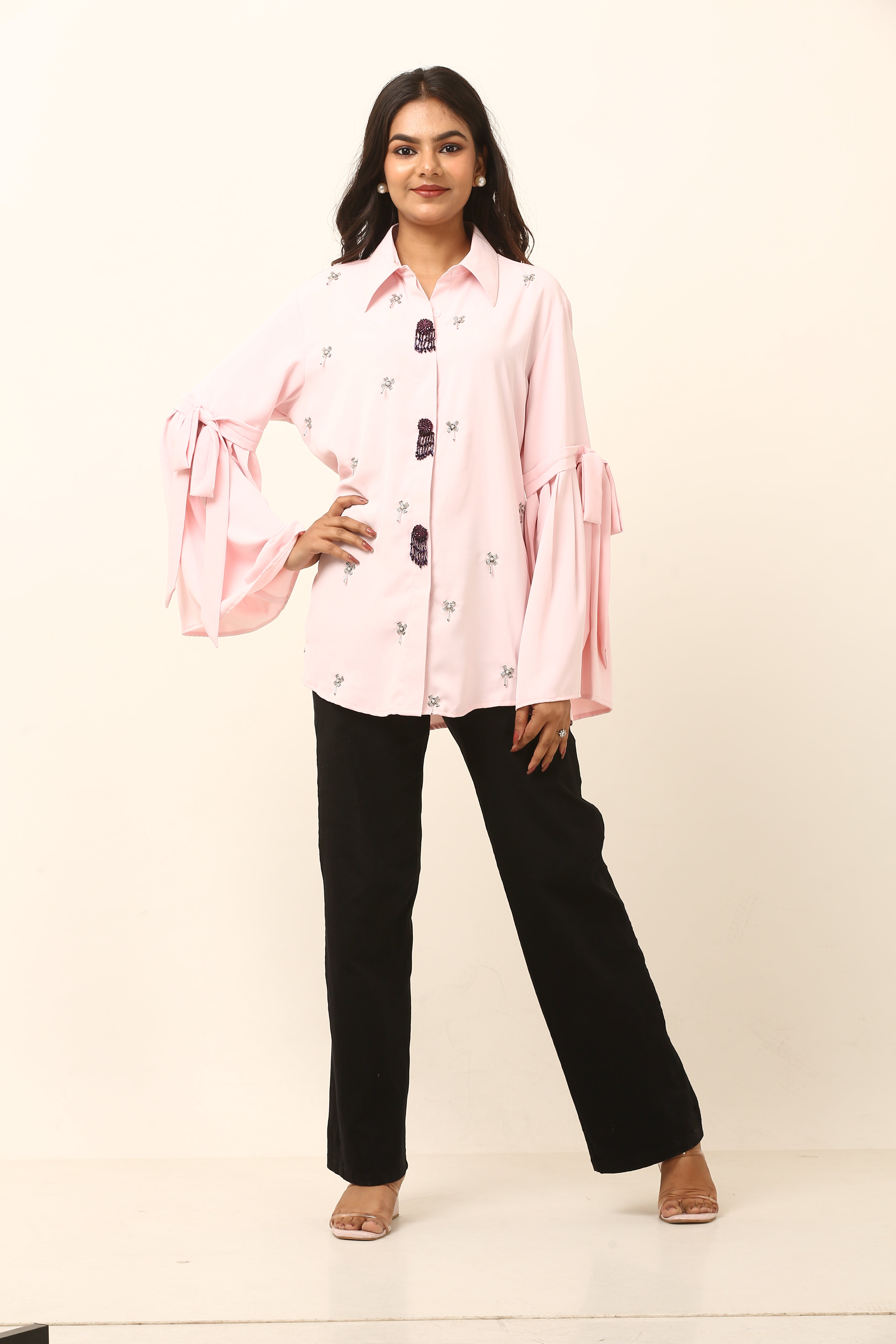 soft pink hue with delicate floral embroidery shirts