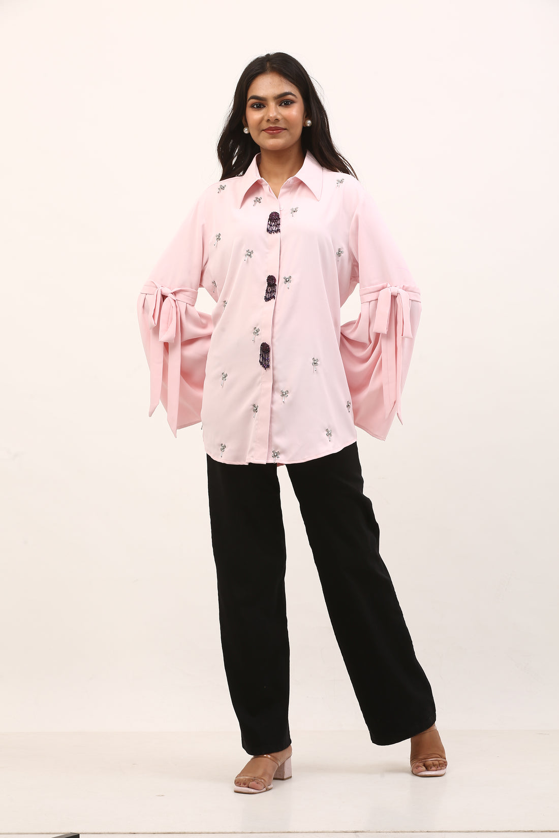 soft pink hue with delicate floral embroidery shirts