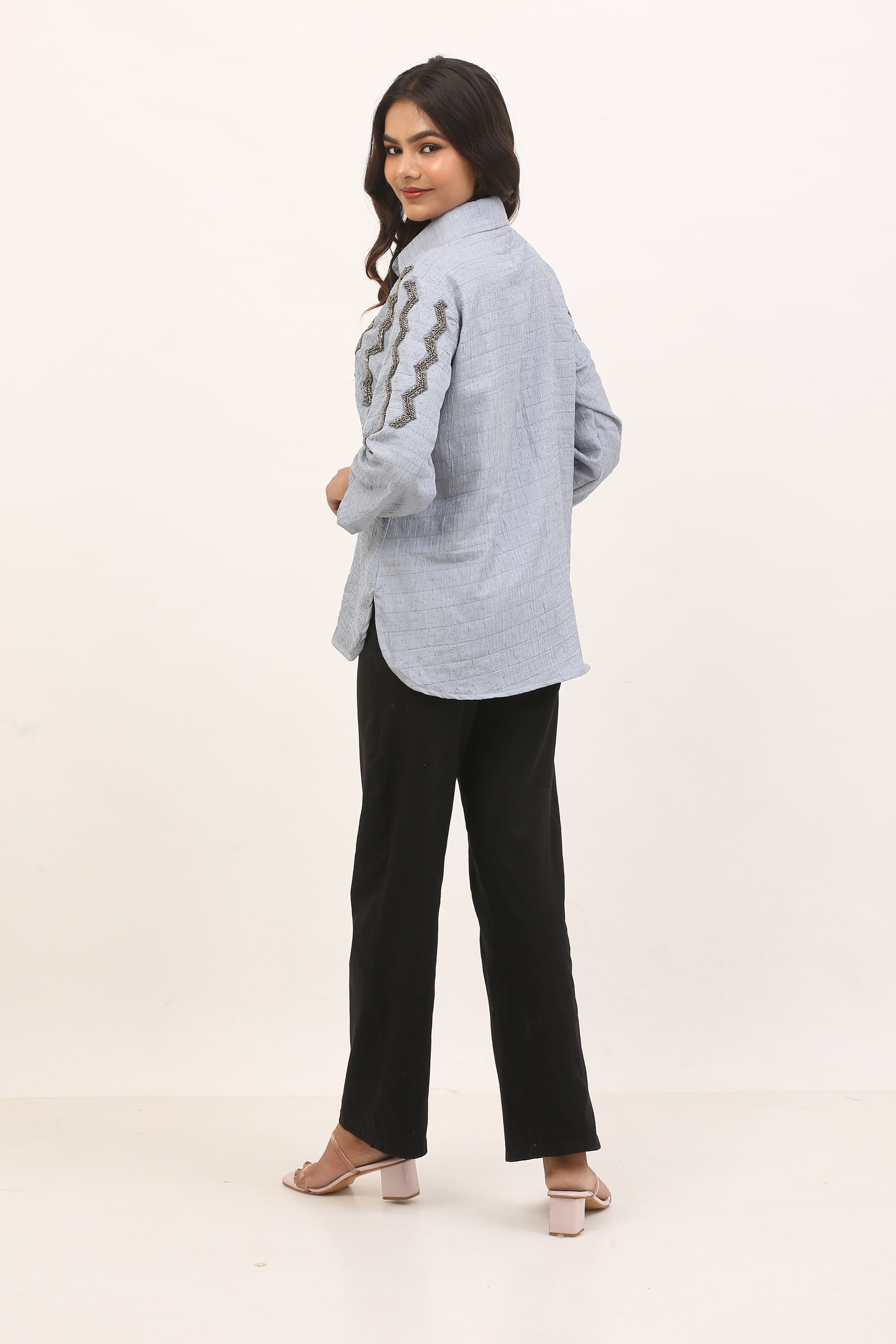 light blue textured shirt