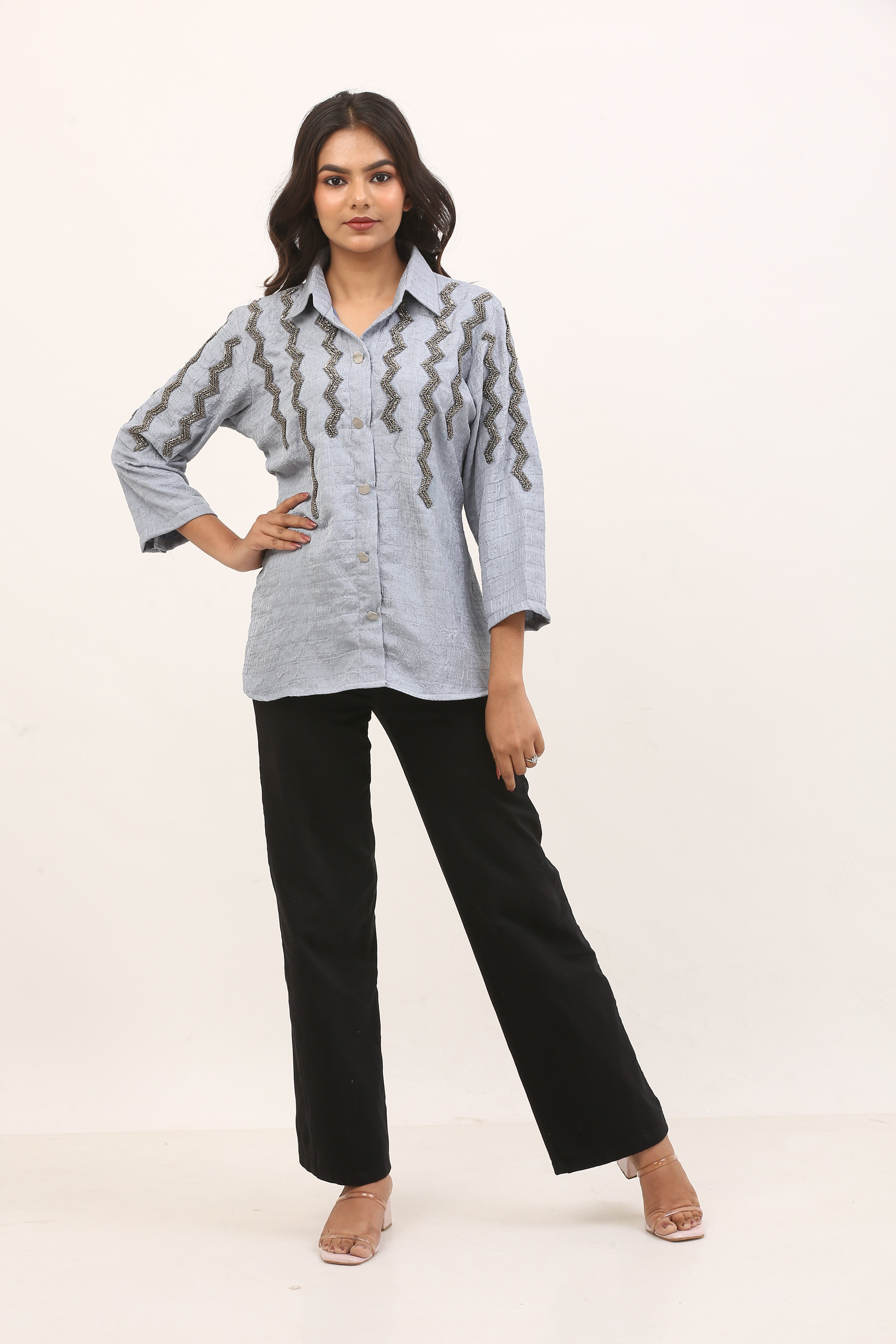 light blue textured shirt