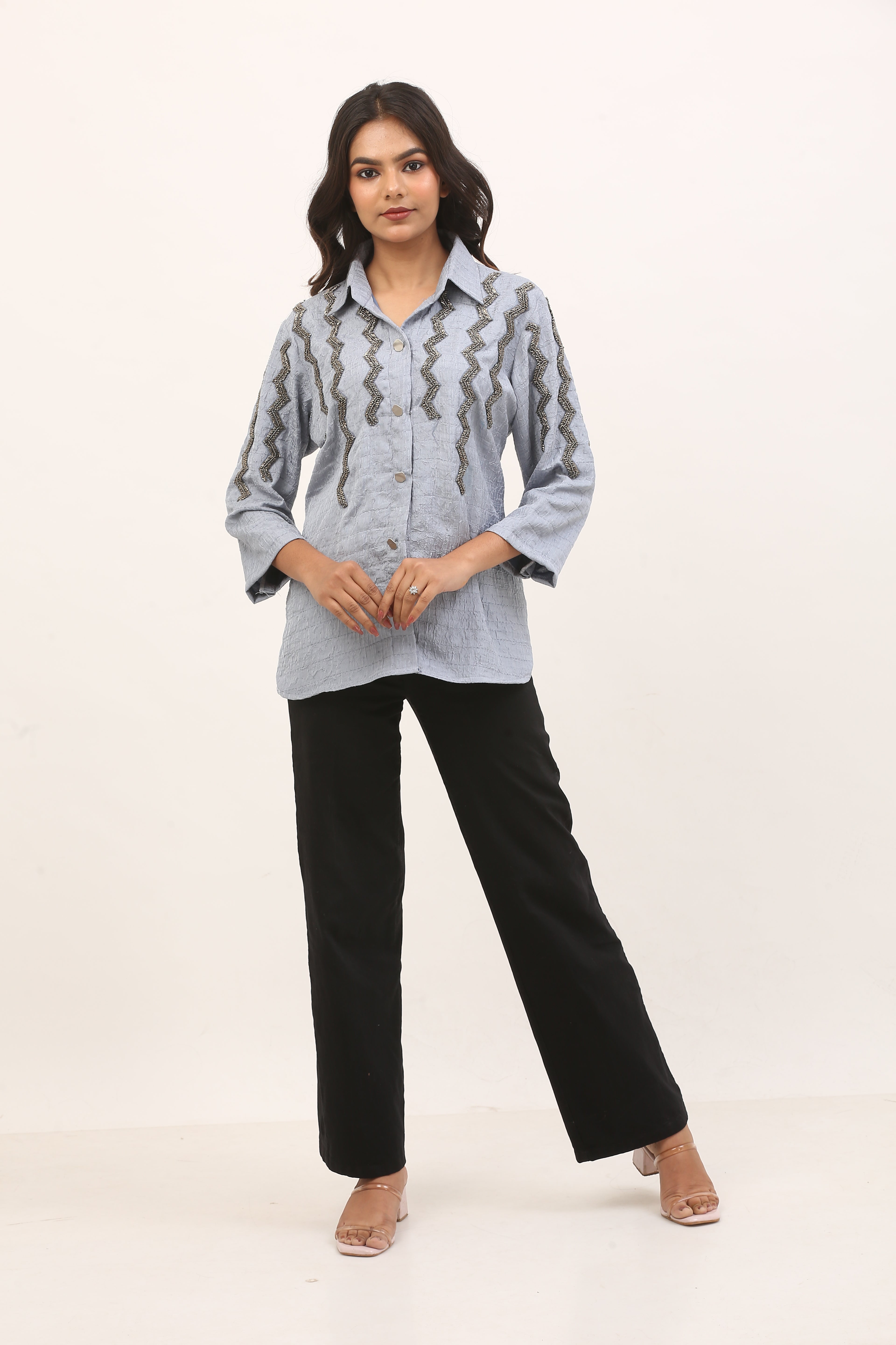 light blue textured shirt