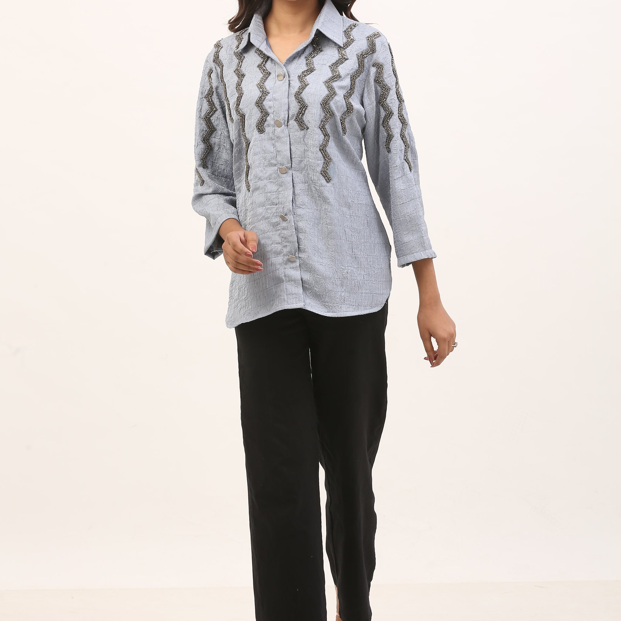 light blue textured shirt