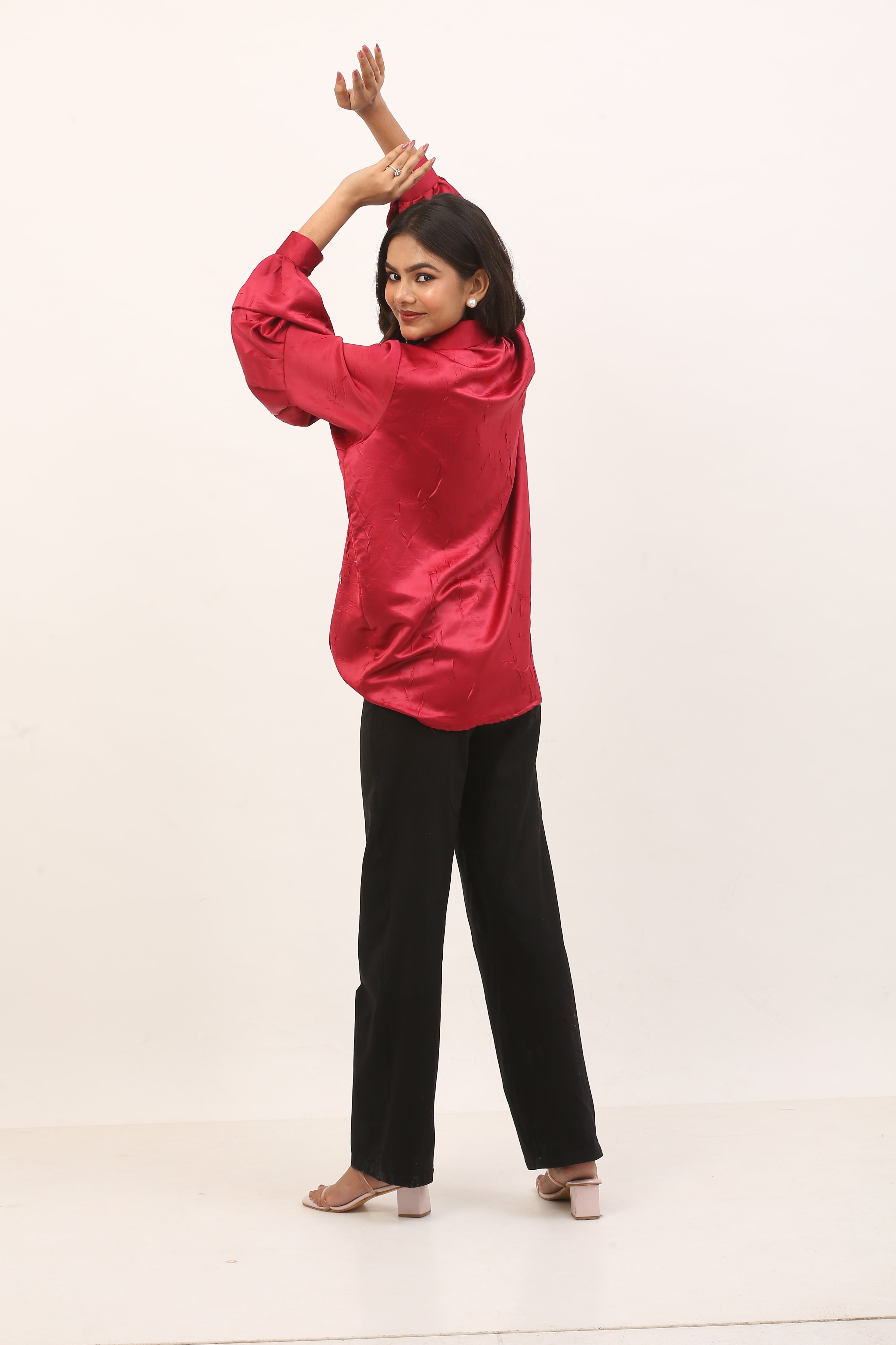 Wine red satin fabric with a subtle textured shirt