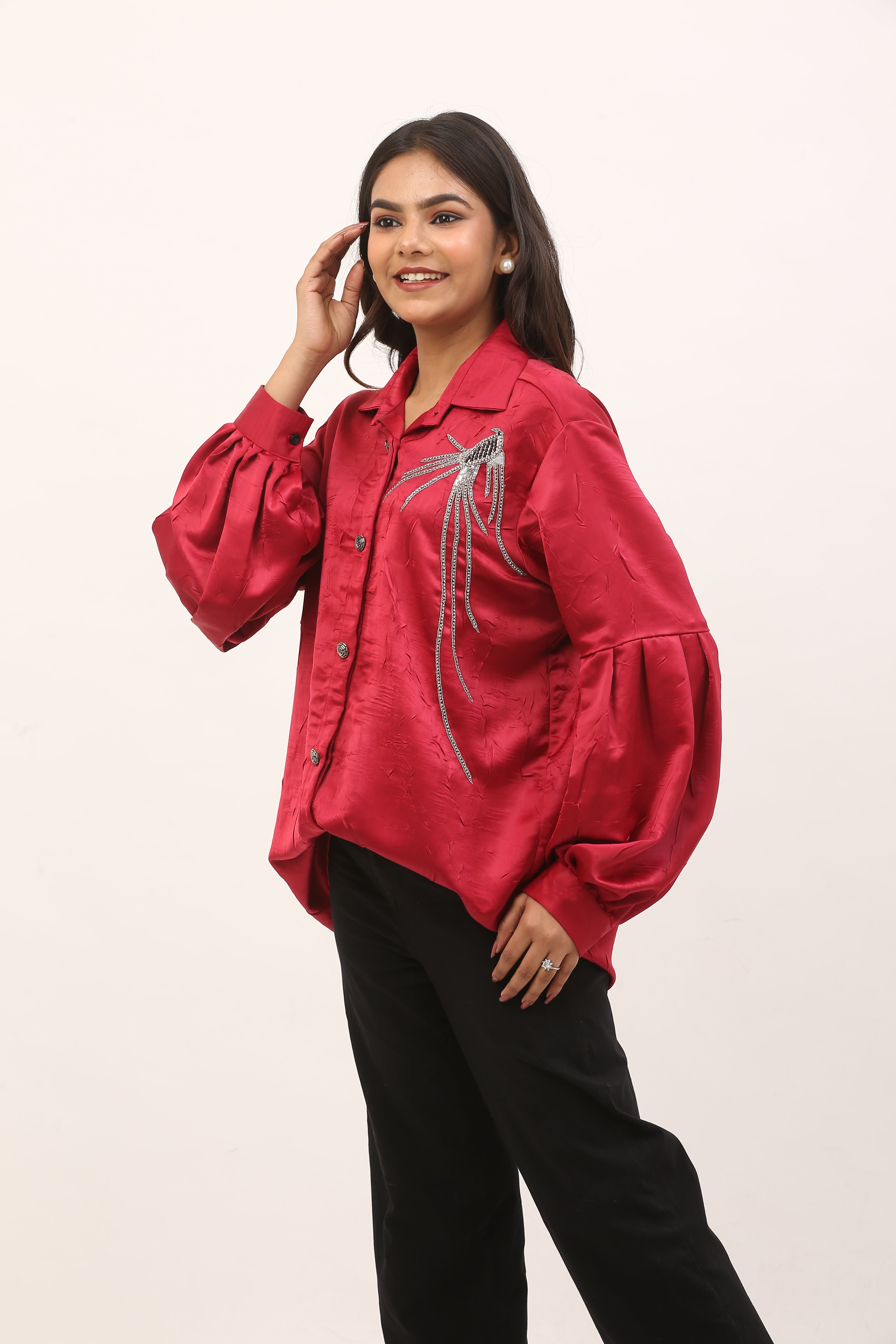 Wine red satin fabric with a subtle textured shirt