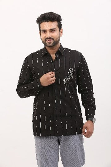 Black Striped Shirt with Horse Embellishment