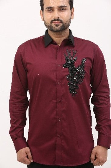 Maroon Shirt with Embellished Stag Design