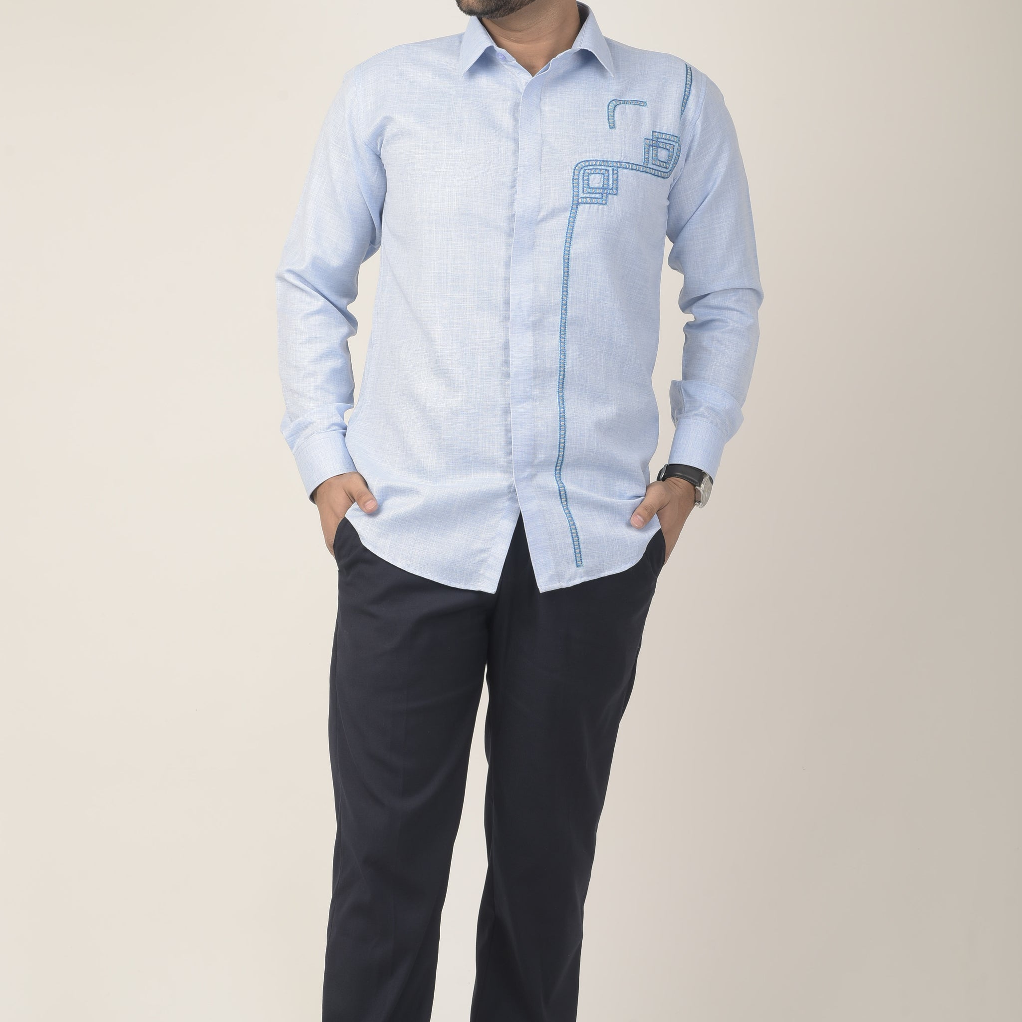 light blue long-sleeve shirt with a subtle textured fabric