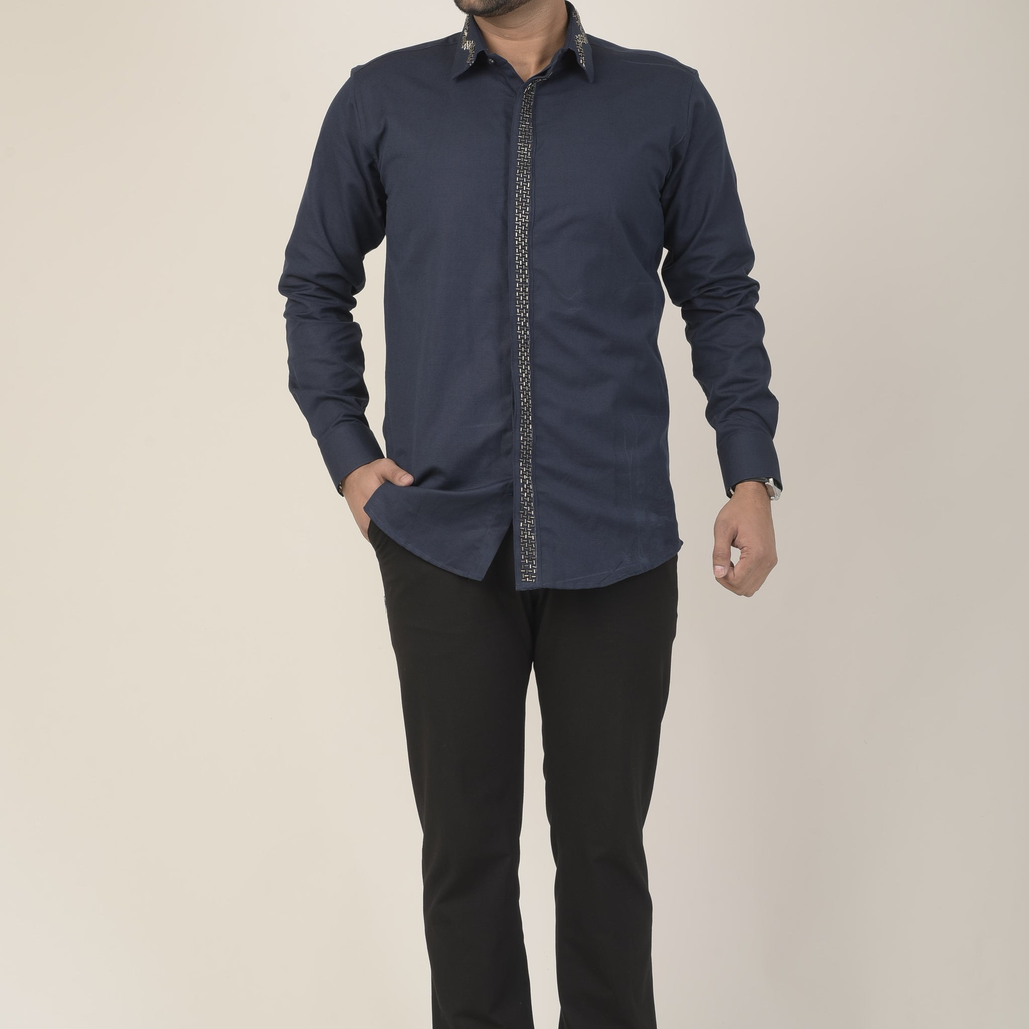 Navy blue shirt with metallic embroidered detailing