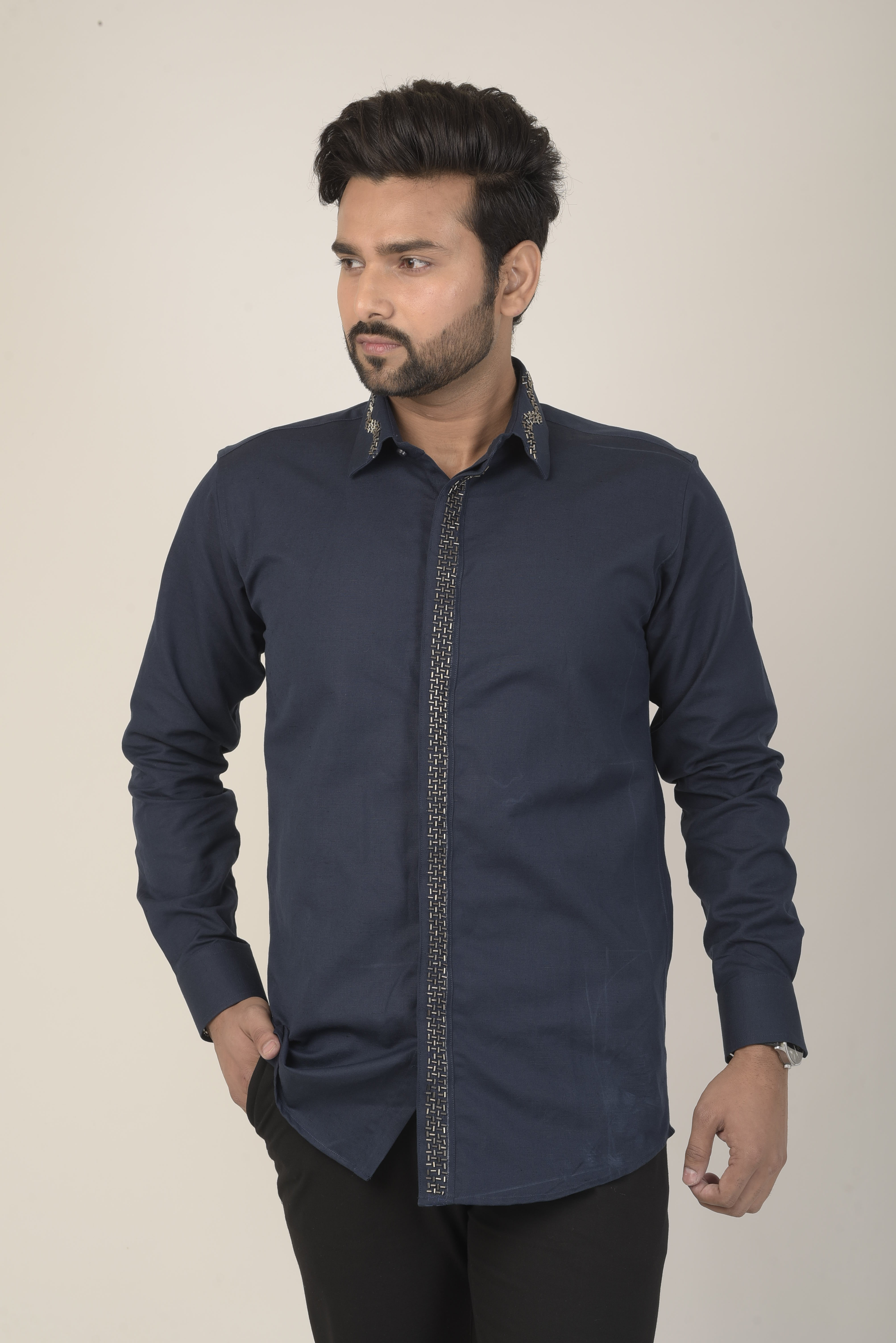 Navy blue shirt with metallic embroidered detailing