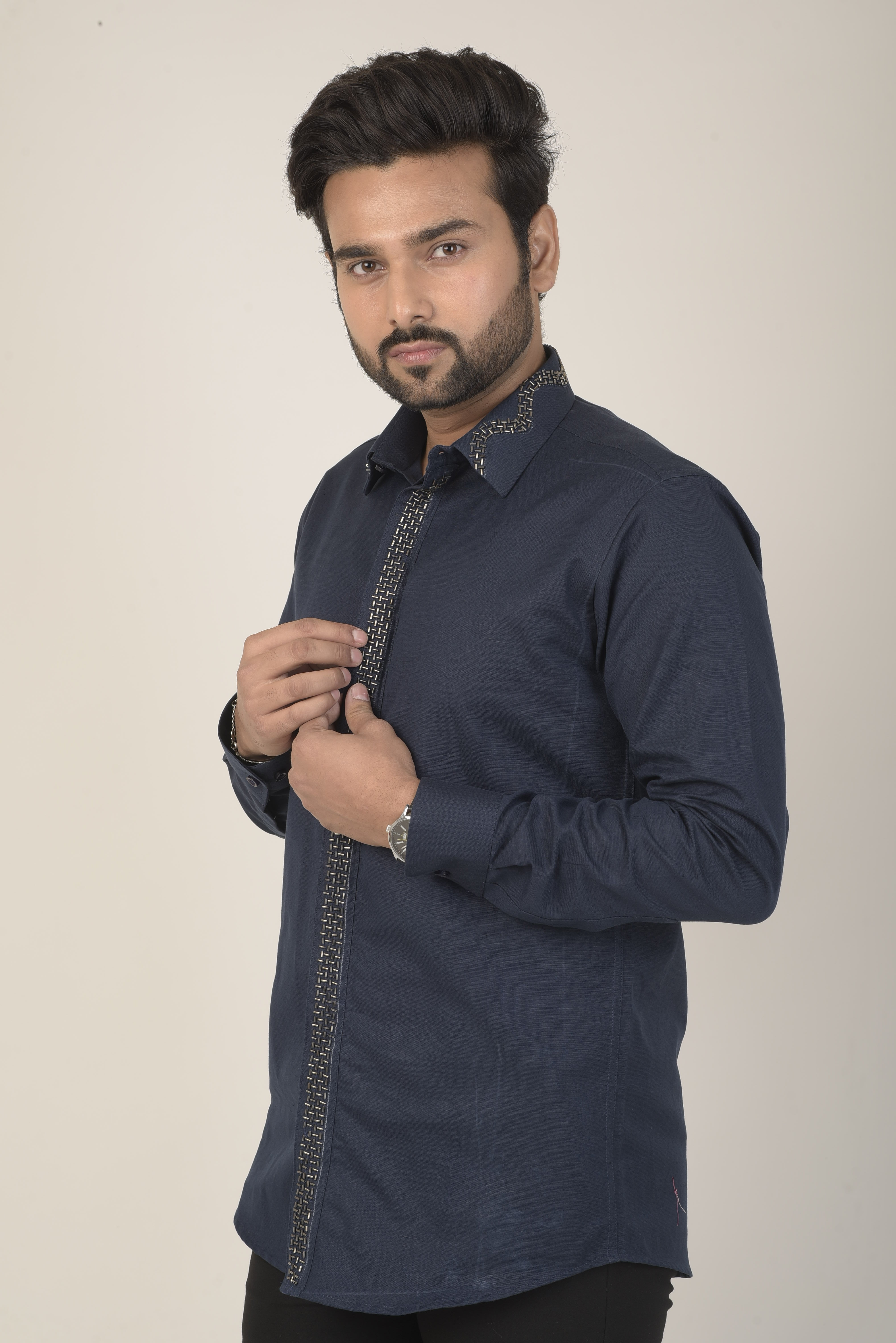 Navy blue shirt with metallic embroidered detailing