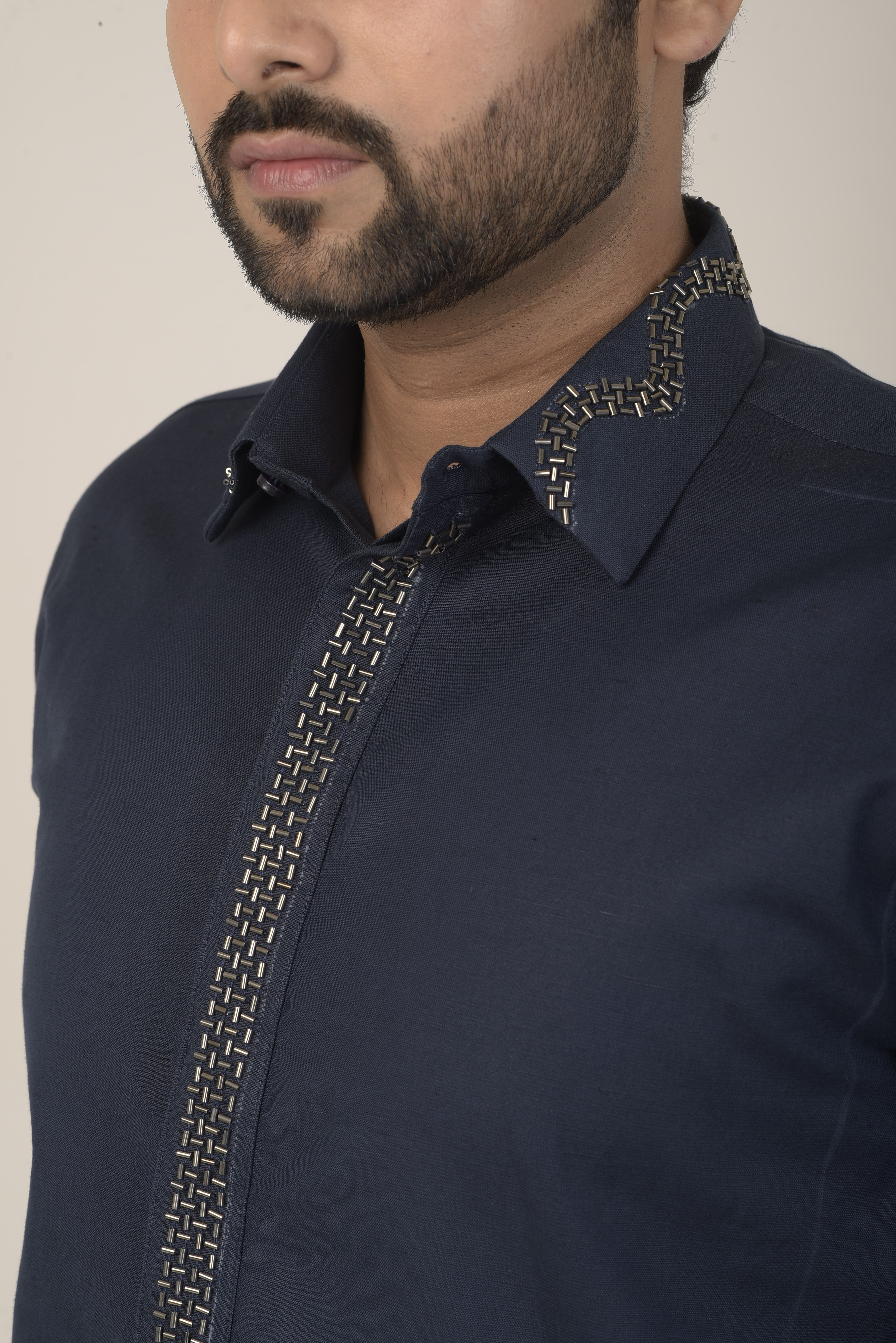Navy blue shirt with metallic embroidered detailing