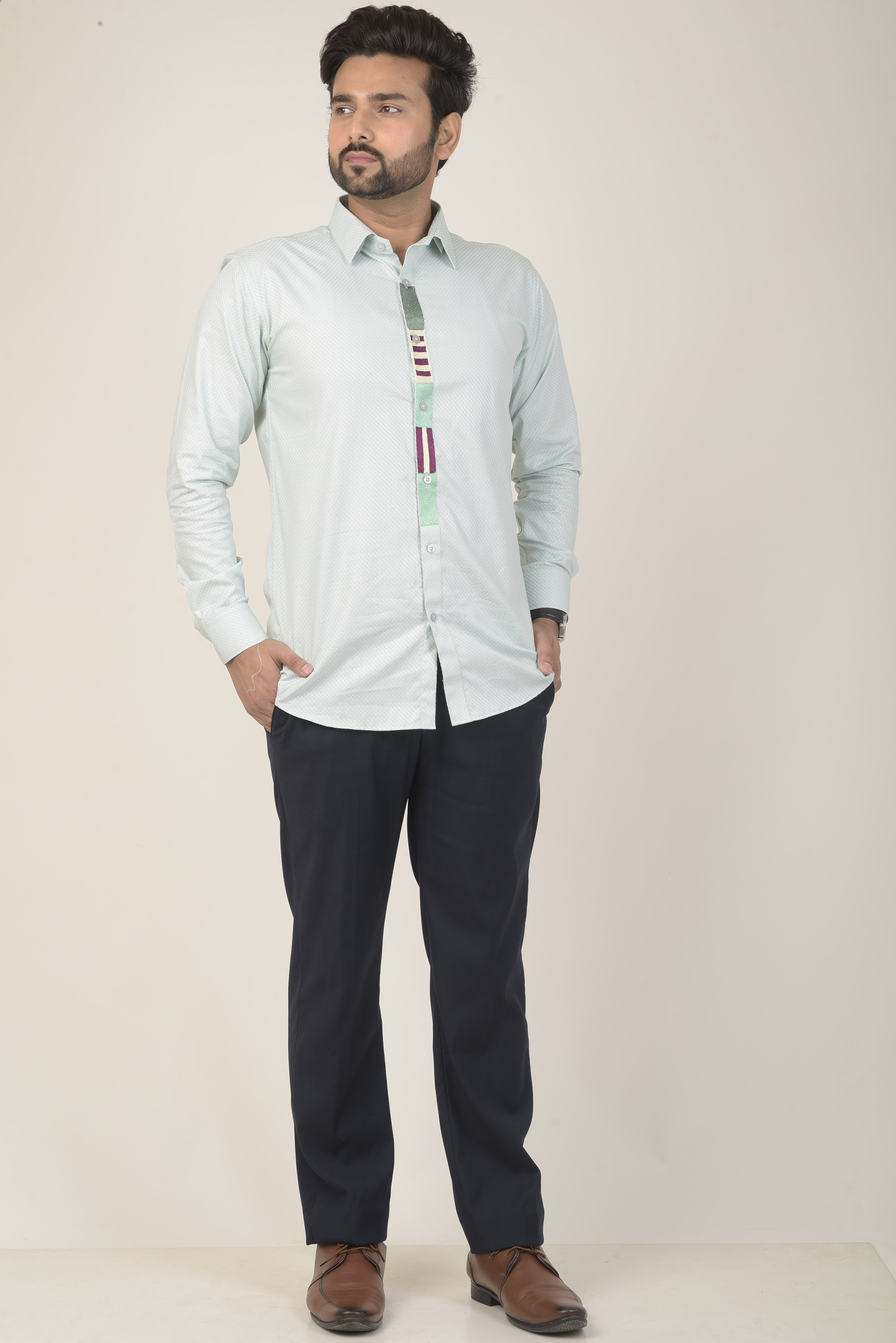 Mint green base shirt with a micro-patterned texture