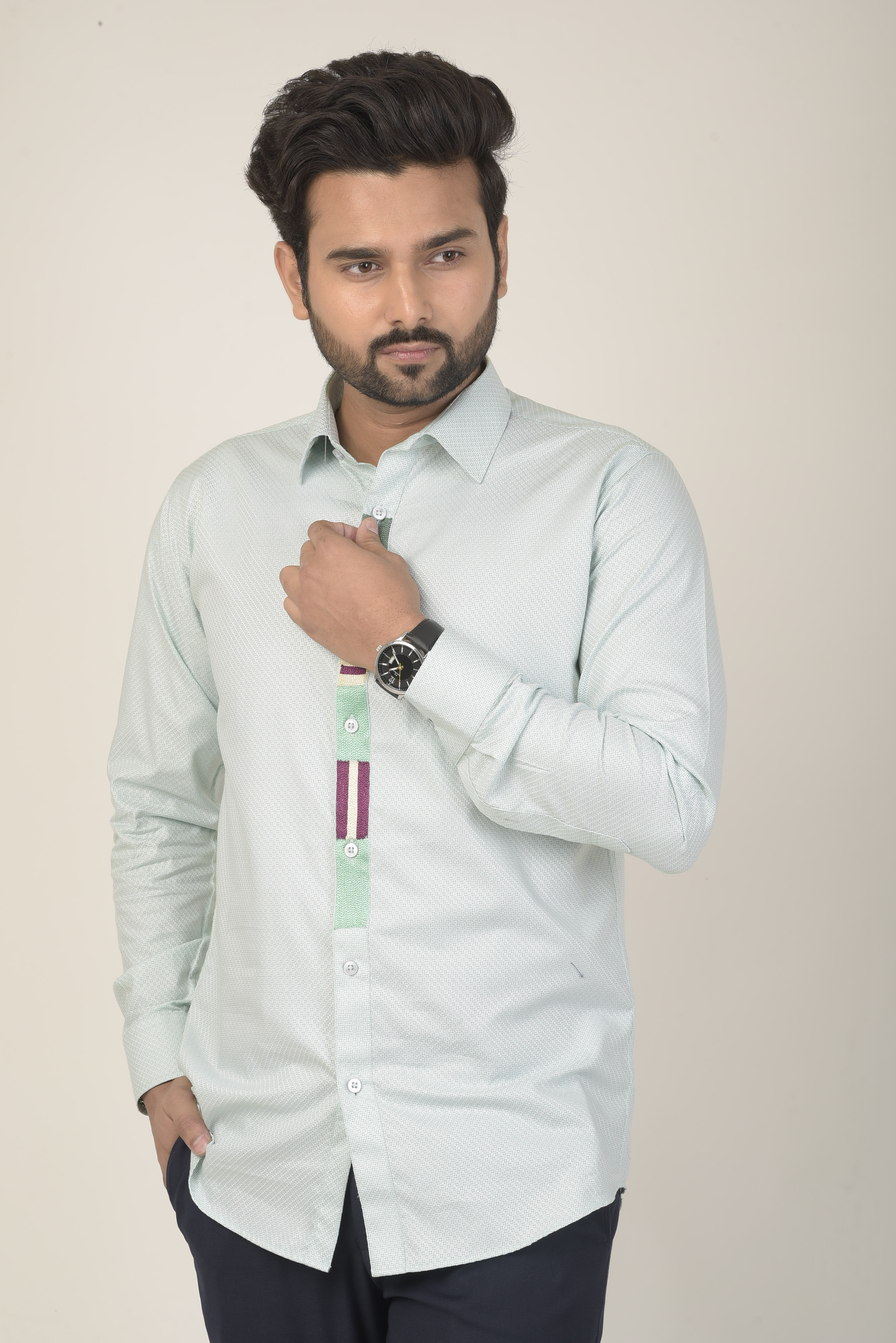 Mint green base shirt with a micro-patterned texture