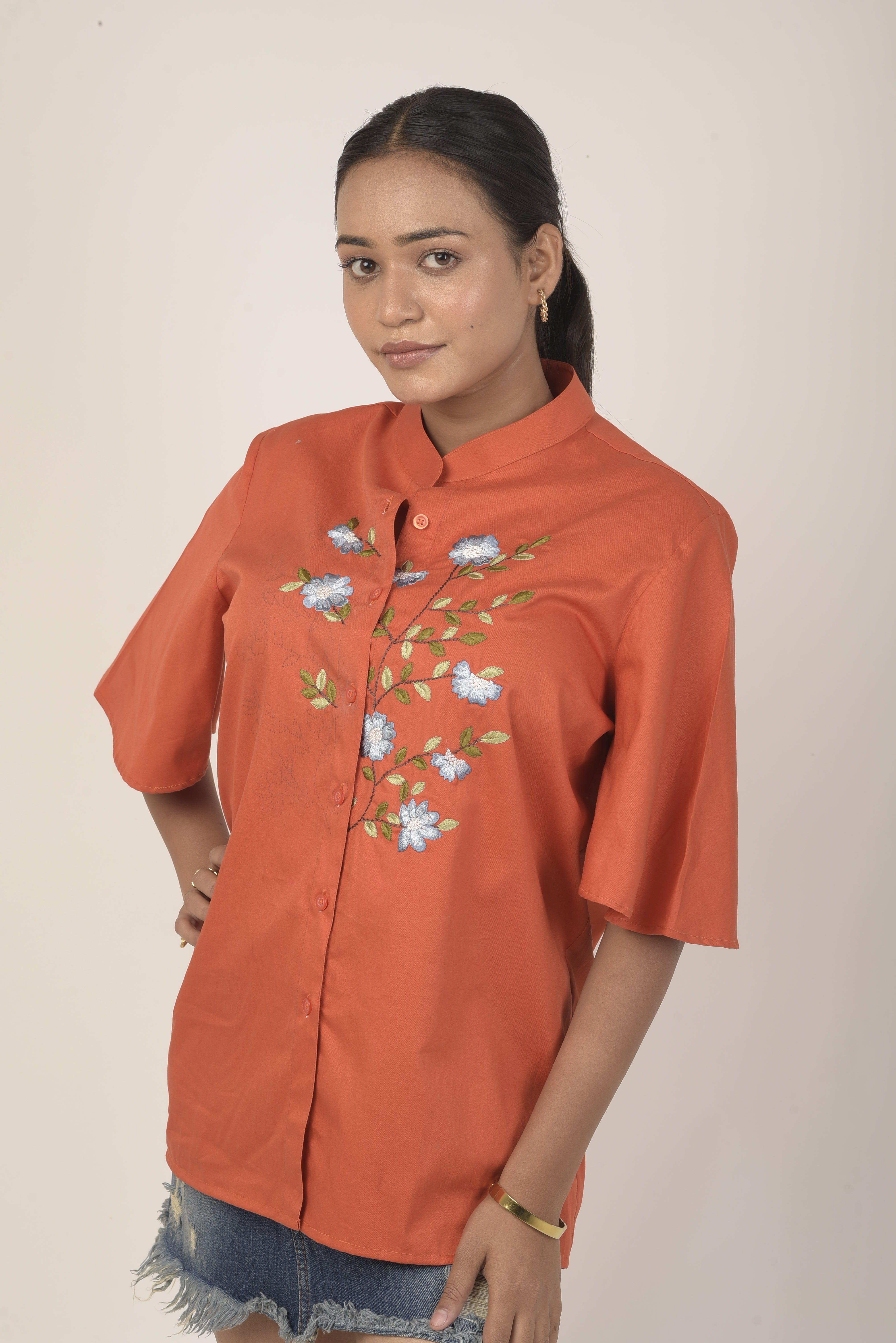 Vibrant rust-orange Short sleeve women shirt