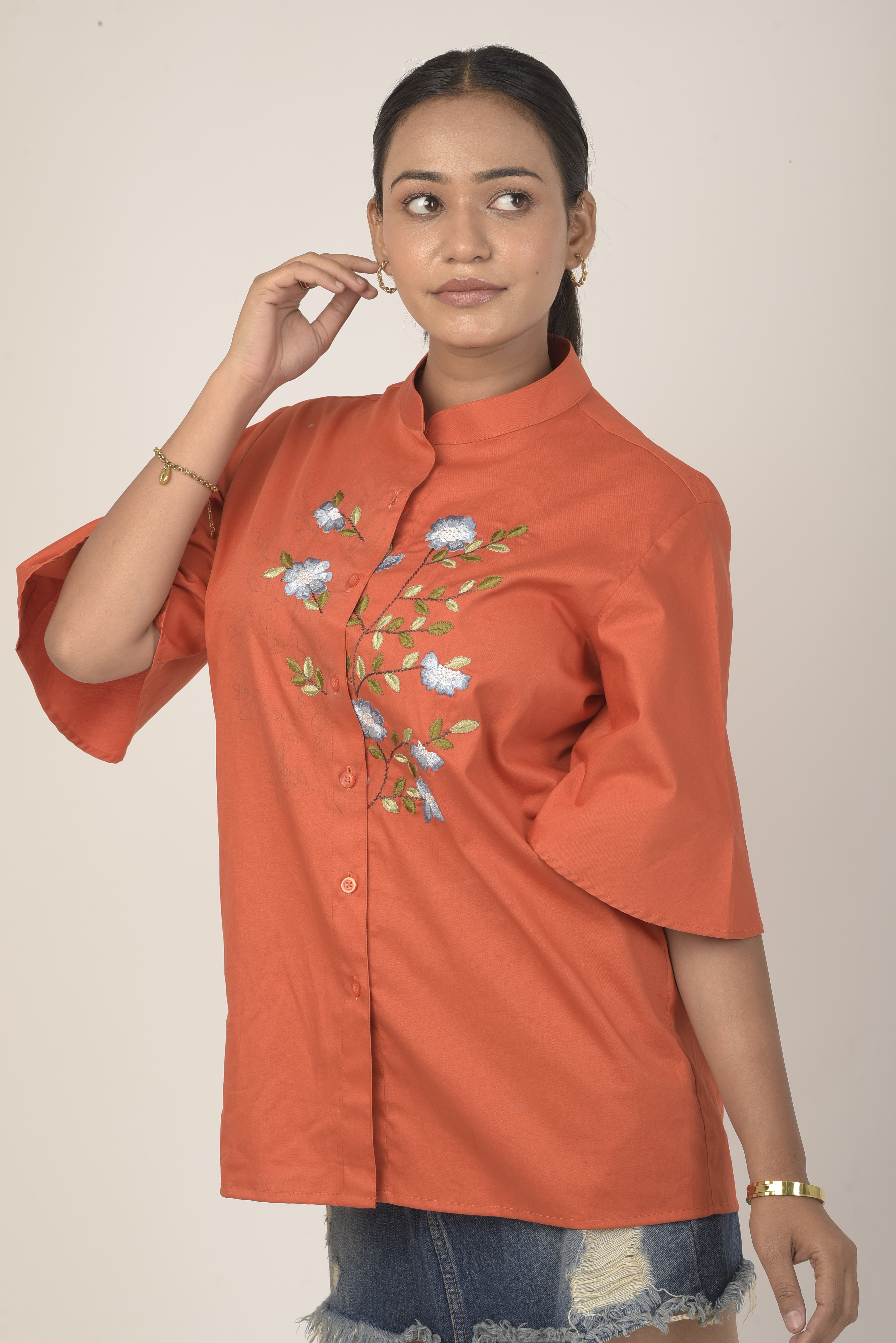 Vibrant rust-orange Short sleeve women shirt